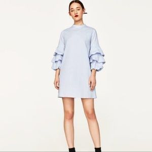 Zara ruffle sleeve high neck dress chambray